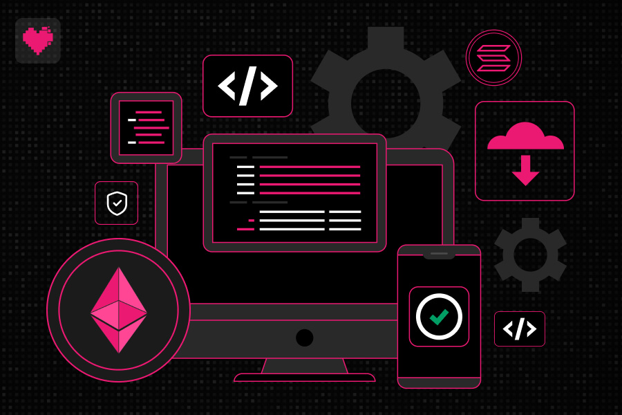 Blockchain tech development workflow showing code and distributed systems