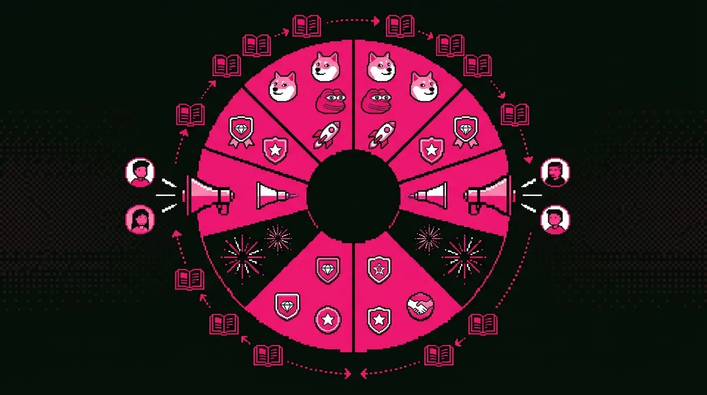 Five meme coin marketing service icons showing viral content, community, influencers, social media, and PR
