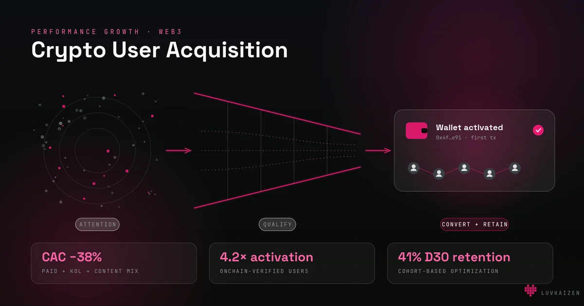 Crypto user acquisition agency funnel from attention to activated wallets with CAC and retention metrics